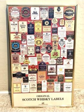 Framed Scotch Whisky Labels Print Vintage Bar Decor Man Cave Wall Art-10” x 20”
